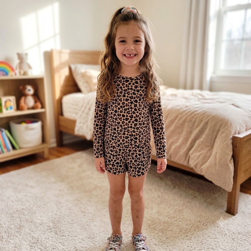 Cat & Jack Girls Cheetah Print 2 Piece Pajama Set Brown Tan Small 6/7 NEW